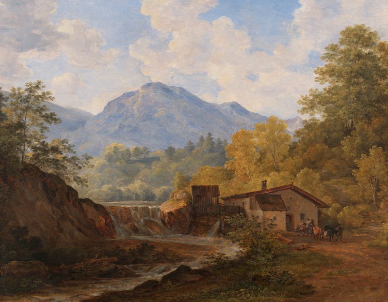 Oberbayerisches Gebirgstal mit Mühle de Cantius Dillis, óleo sobre lienzo que representa un paisaje bávaro con un molino.