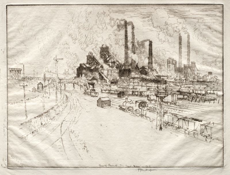 The Great Main, Near Sheffield litografía de Joseph Pennell que muestra colinas accidentadas y terreno natural.