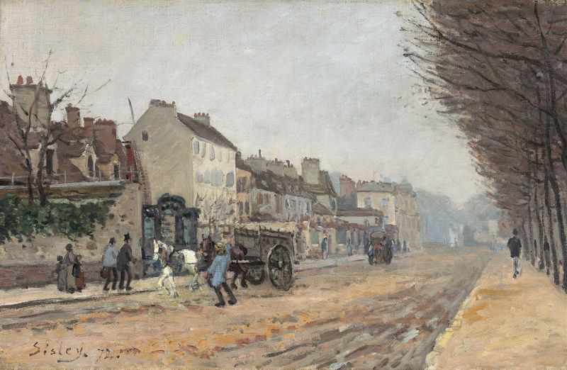 Boulevard Héloïse, Argenteuil de Alfred Sisley, pintura al óleo que representa árboles y figuras en un paisaje.