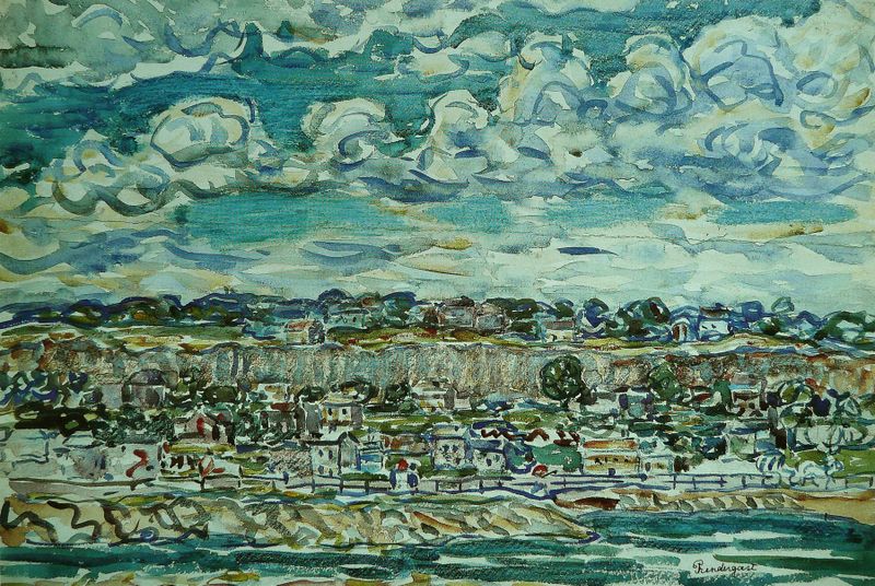 Escena figurativa con figuras iluminadas por el sol en la playa, pintura al óleo de Maurice Prendergast