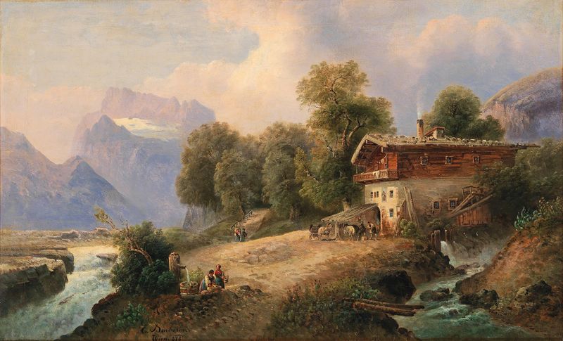 Landscape oil painting by Emil Barbarini featuring mountains and a tranquil lake.