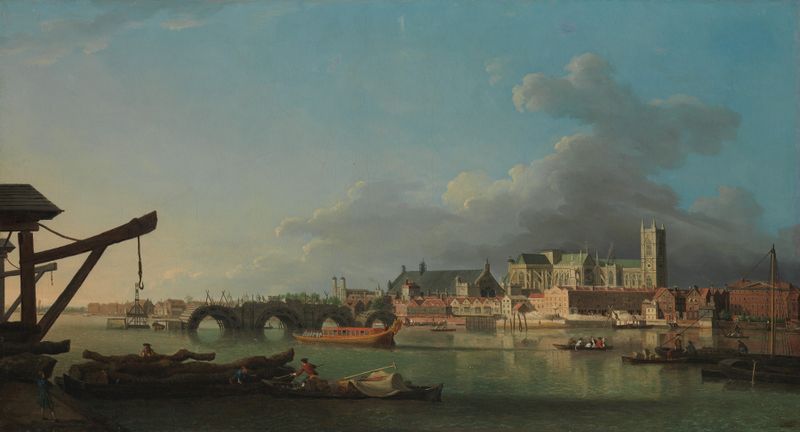 The Building of Westminster Bridge by Samuel Scott, Rococo, depicts workers laboring under a sunset.