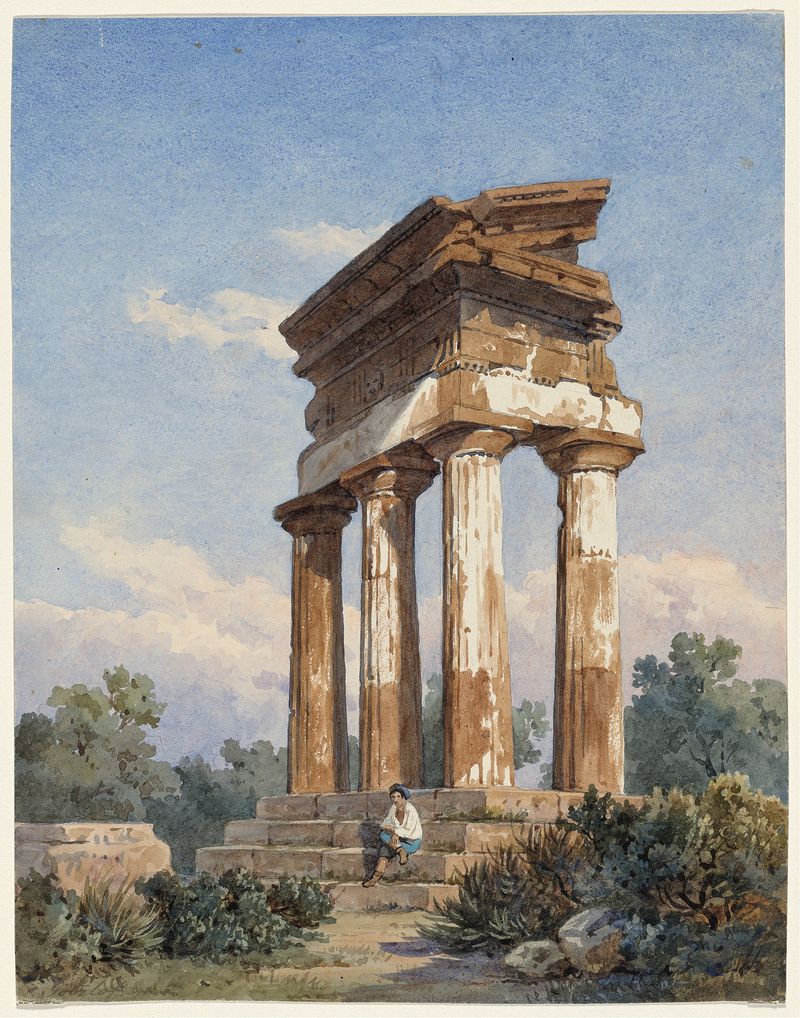 A Temple Ruin in Agrigento by Carl Wilhelm Götzloff, oil painting depicting ancient columns and ruins.