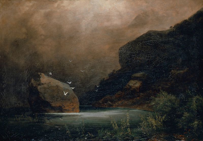 Mountain Lake With Seagulls by Arnold Böcklin, oil painting of a tranquil lake and mountains.