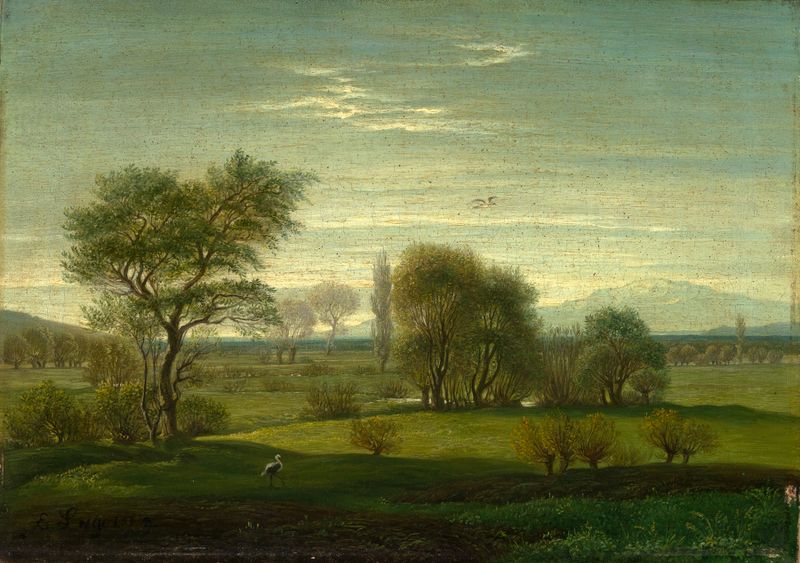 Oberrheinlandschaft by Emil Lugo, oil on canvas depicting rolling hills and a vibrant sky.