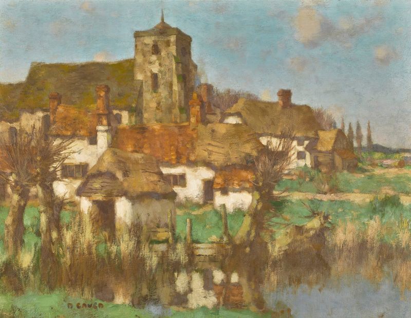 Oil on canvas by David Gauld depicting cottages and a church beside a river