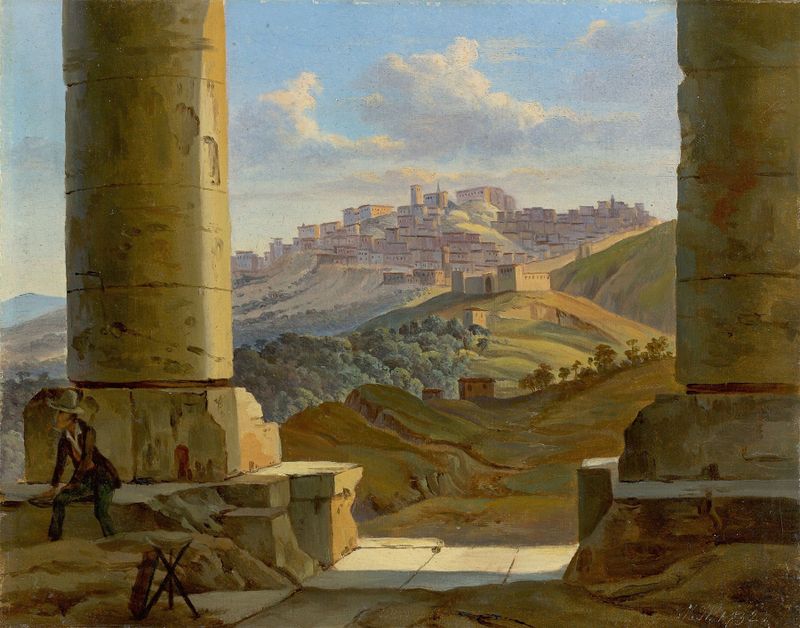 Paisagem siciliana de Gottlob Michael Wentzel, retratando oliveiras e colinas, pintura a óleo