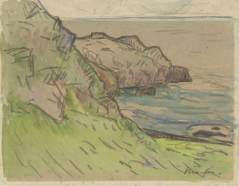 Côte rocheuse en Bretagne de Maxime Maufra, óleo sobre lienzo que muestra acantilados y el mar.