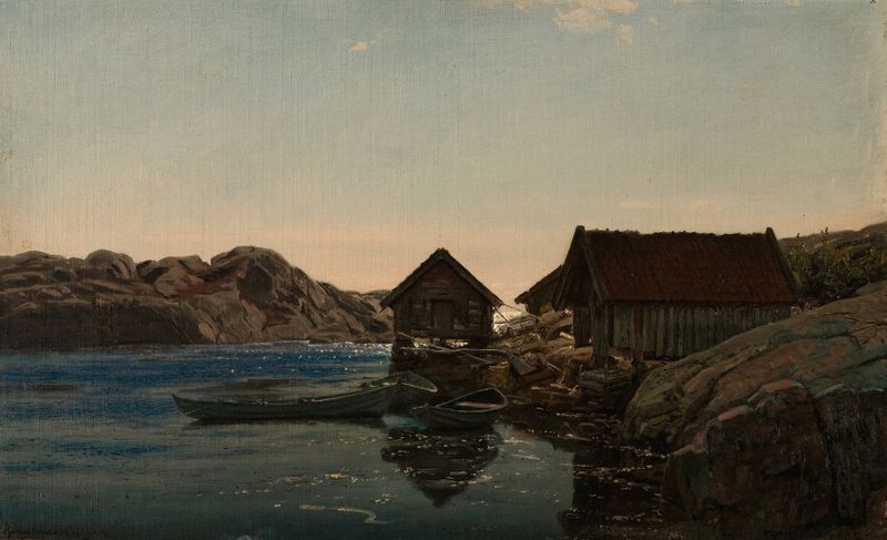 Sjøboder, Lindesnes de Amaldus Nielsen, retratando cabanas de pesca em uma costa acidentada, pintura a óleo