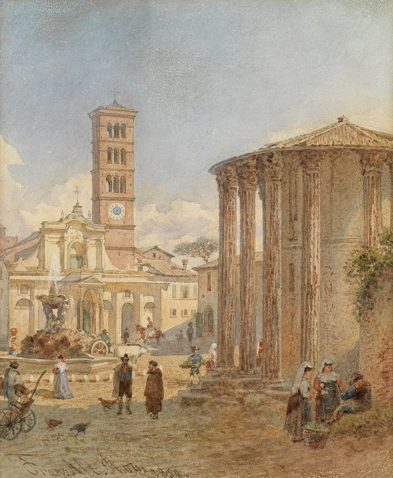 Pintura al óleo de paisaje de Franz Alt con ruinas antiguas y un cielo cerúleo