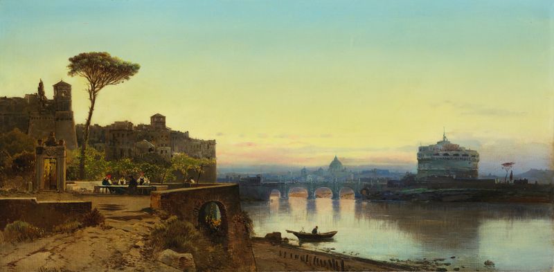 River scene at twilight, oil on canvas by Hermann David Salomon Corrodi