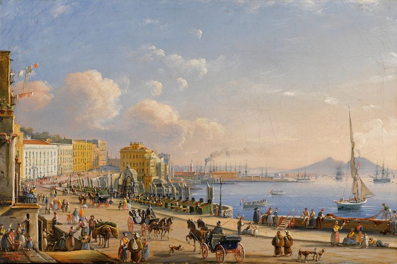Veduta Di Napoli Da Santa Lucia, oil on canvas by Salvatore Candido depicting the Bay of Naples at sunset.