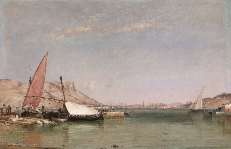Escena marina de Toulon con barcos y atardecer, pintura al óleo de Edward William Cooke