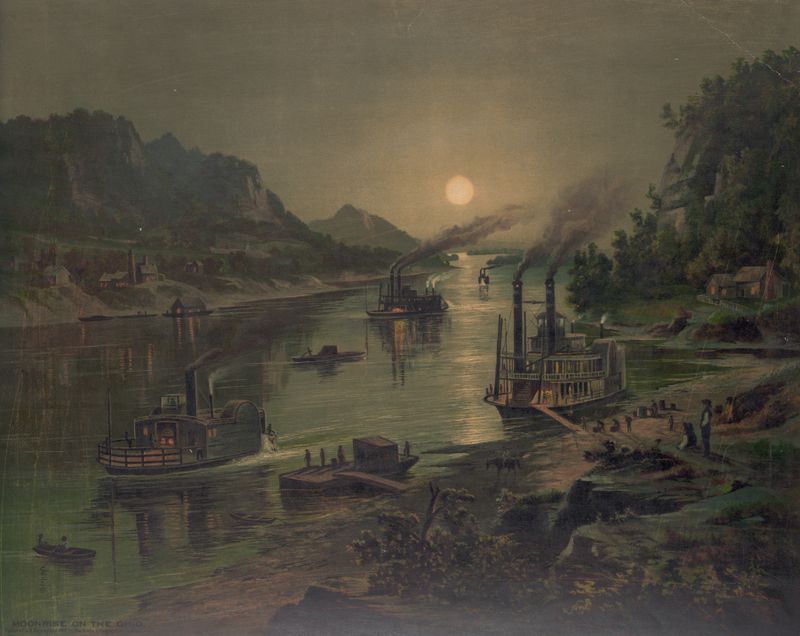 Moonrise on the Ohio, lithograph by Krebs Lith. Co, depicting a river under moonlight.