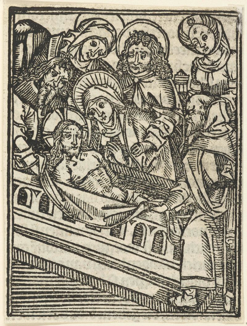 Religious scene with somber figures and gold accents, paper by Meester van de Delbecq-Schreiber-Passie