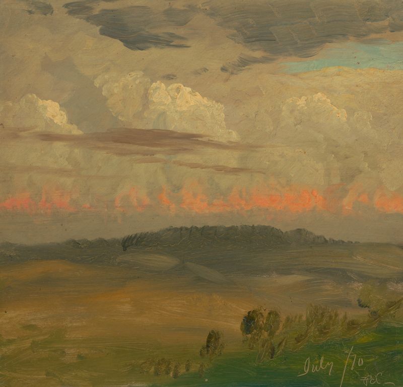 Landscape, Hudson Valley de Frederic Edwin Church, óleo sobre tela que retrata vegetação exuberante e colinas.