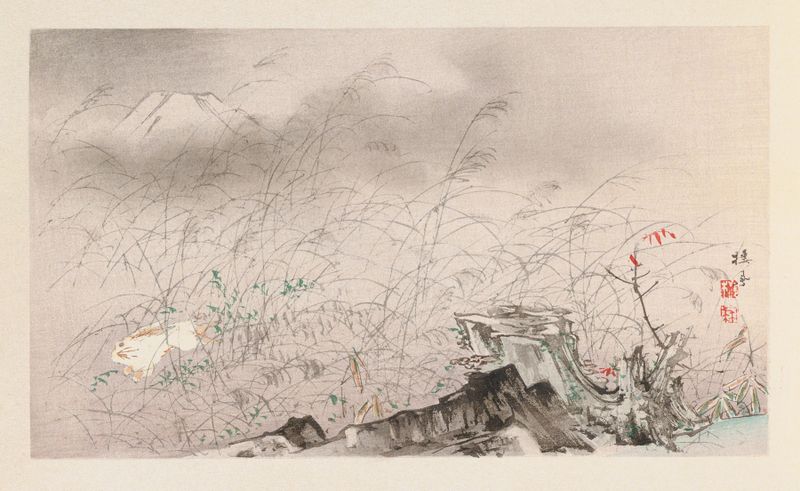 Ukiyo-e by Takeuchi Seihō depicting Mount Fuji with lush greenery at twilight
