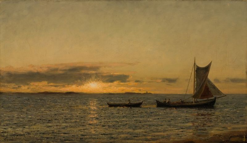 Paisagem ao crepúsculo com reflexos do pôr do sol, óleo sobre tela de Amaldus Nielsen
