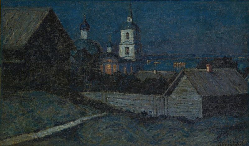 Evening de Petr Ivanovich Petrovichev, pintura a óleo que retrata uma paisagem ao entardecer.