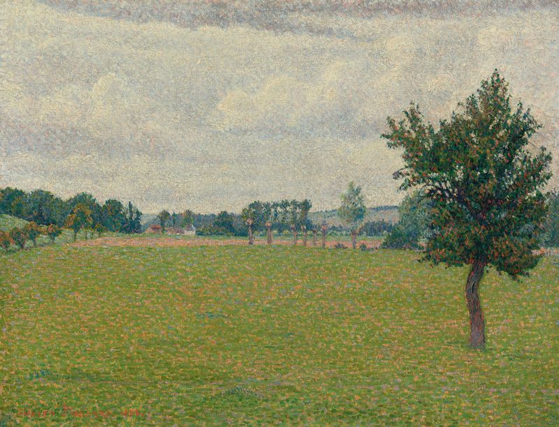 Prairie De Thierceville by Lucien Pissarro, oil painting depicting fields under a cloudy sky