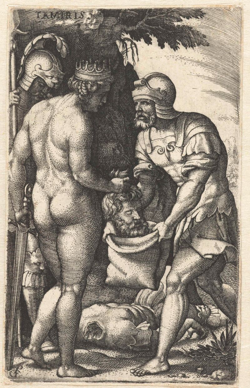 Grabado de Georg Pencz que muestra a Tomyris con la cabeza de Ciro y una corona de sangre
