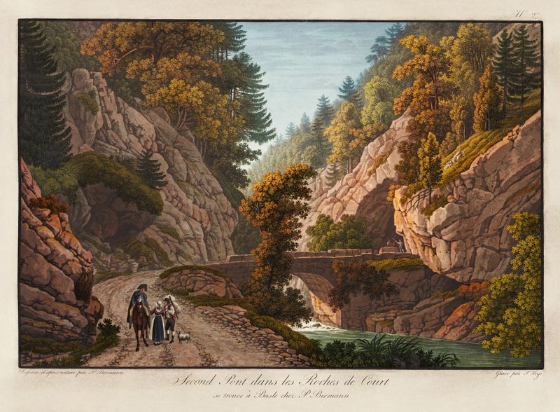Paisaje con un puente sobre rocas, óleo de Peter Birmann