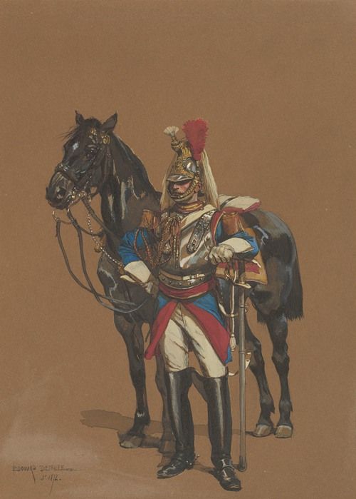 A Cuirassier soldier in a detailed uniform, seated on a horse with a dramatic backdrop.