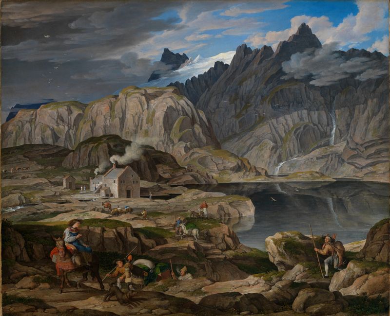 Das Hospiz auf dem Grimselpass, oil on canvas by Joseph Anton Koch, depicting a mountain lodge in a dramatic landscape.