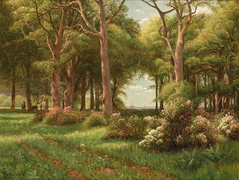 Paisagem florestal com uma figura solitária, óleo sobre tela de Emil Wennerwald