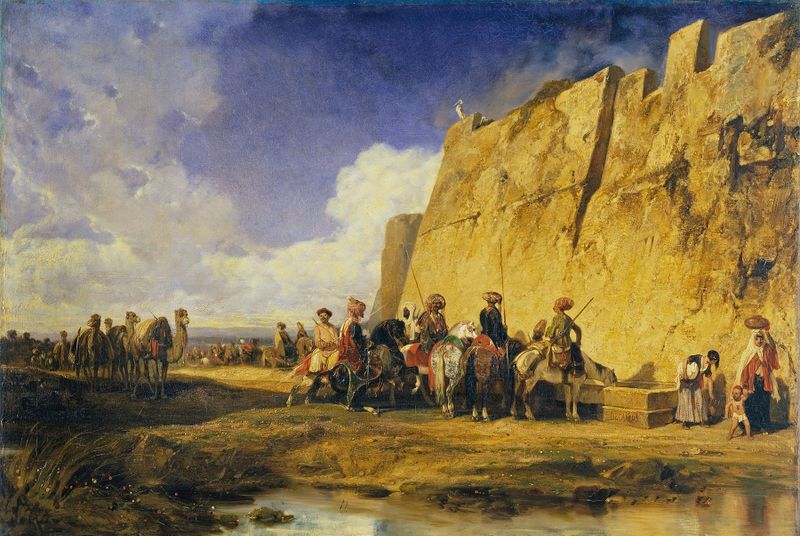 O Lugar de Irrigação de Alexandre-Gabriel Decamps, óleo sobre tela mostrando figuras em um jardim exuberante.
