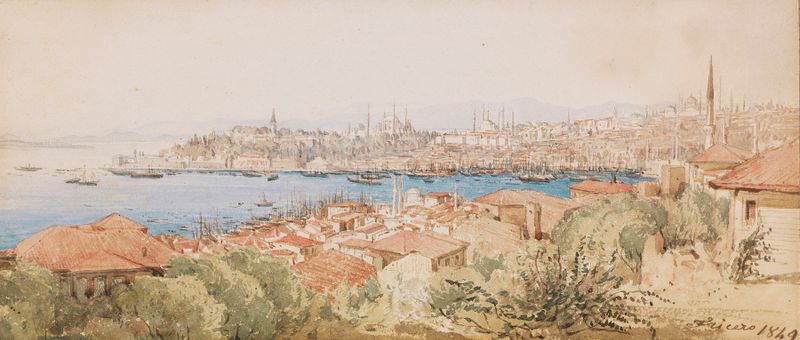 Blick über Istanbul de Joseph Fricero, que representa un paisaje con minaretes y luz del amanecer.