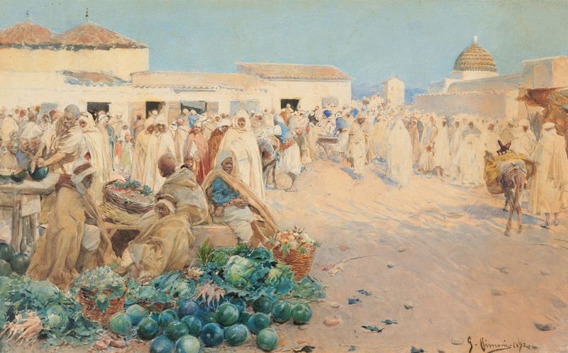 A busy market scene in North Africa, oil painting by Gustavo Simoni