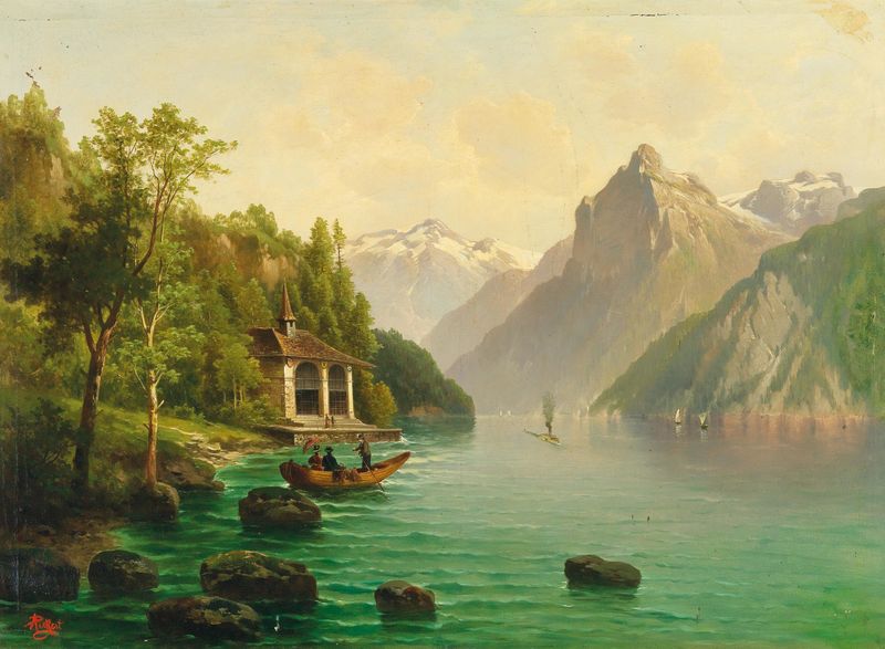 The Tellskapelle On Lake Lucerne, pintura al óleo de Anton Pick, que muestra un lago sereno con montañas y una capilla.