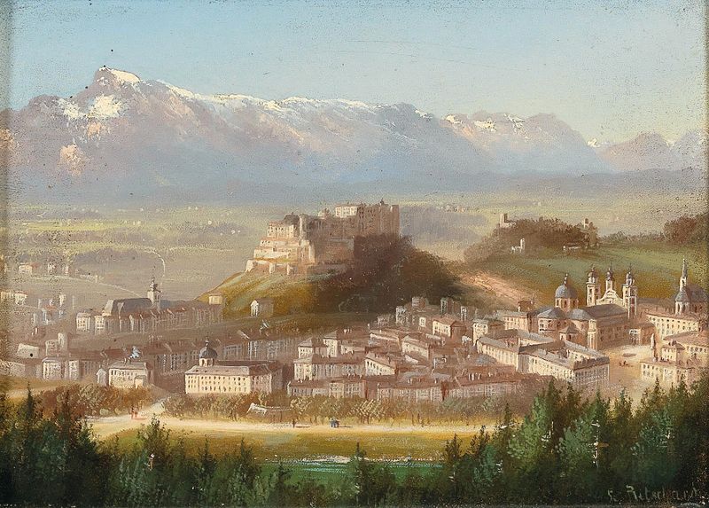 View of Salzburg by Hubert Sattler, oil painting depicting a serene landscape with architecture