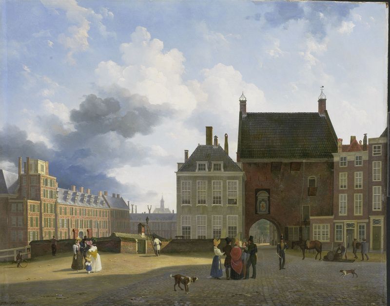 Óleo sobre tela de Pieter Daniel van der Burgh representando The Gevangenpoort e a Plaats, Haia