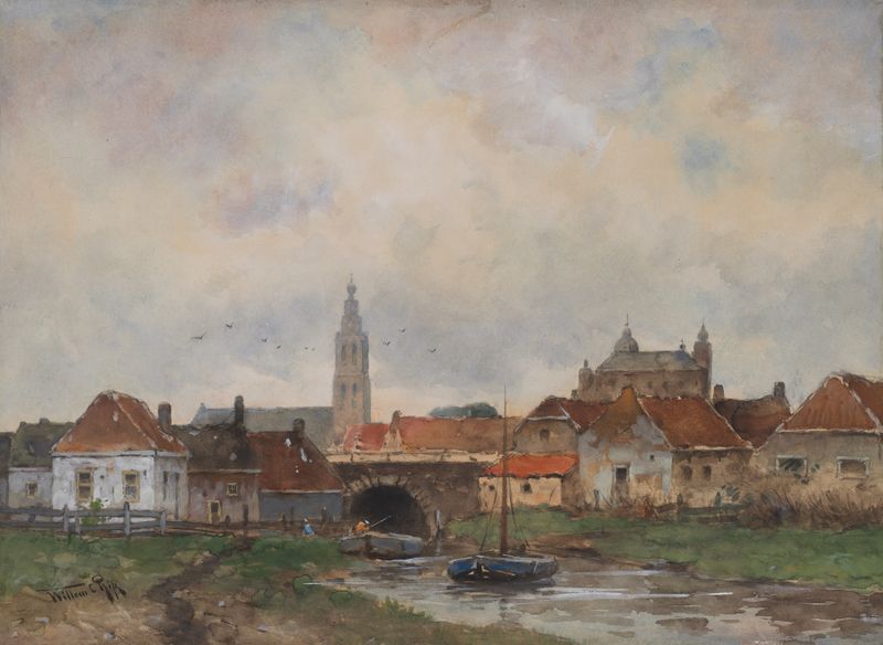 Upper Lock at Steenbergen de Willem Cornelis Rip, óleo sobre lienzo que muestra un río y una esclusa bajo un cielo brumoso.