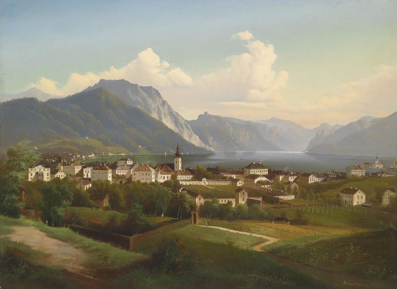 Landscape of Gmunden with Schloss Orth, oil on canvas by Johann Wilhelm Jankowski