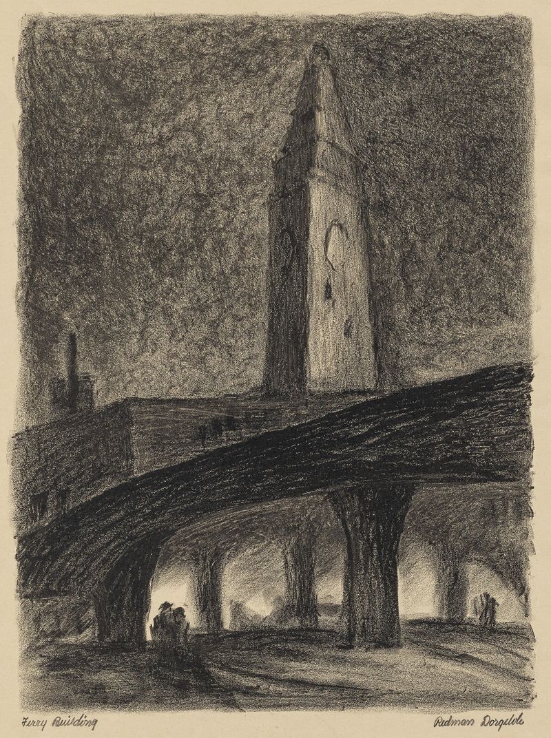 Ferry Building by Marguerite Redman Dorgeloh, oil painting depicting a clock tower silhouette.