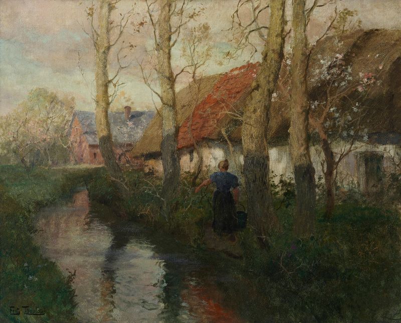 Pintura al óleo de Frits Thaulow que muestra a una mujer llevando agua junto a un río en Normandía.