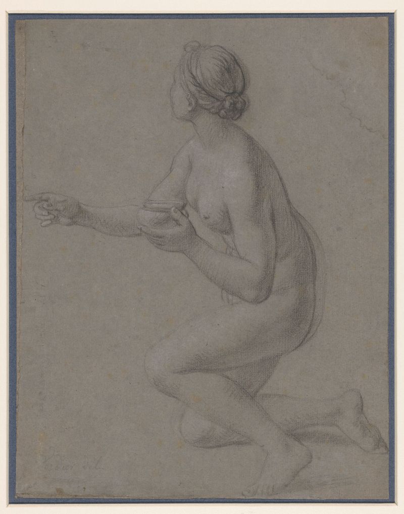 Figurative drawing of a kneeling nude girl illuminated by soft light by François Verdier