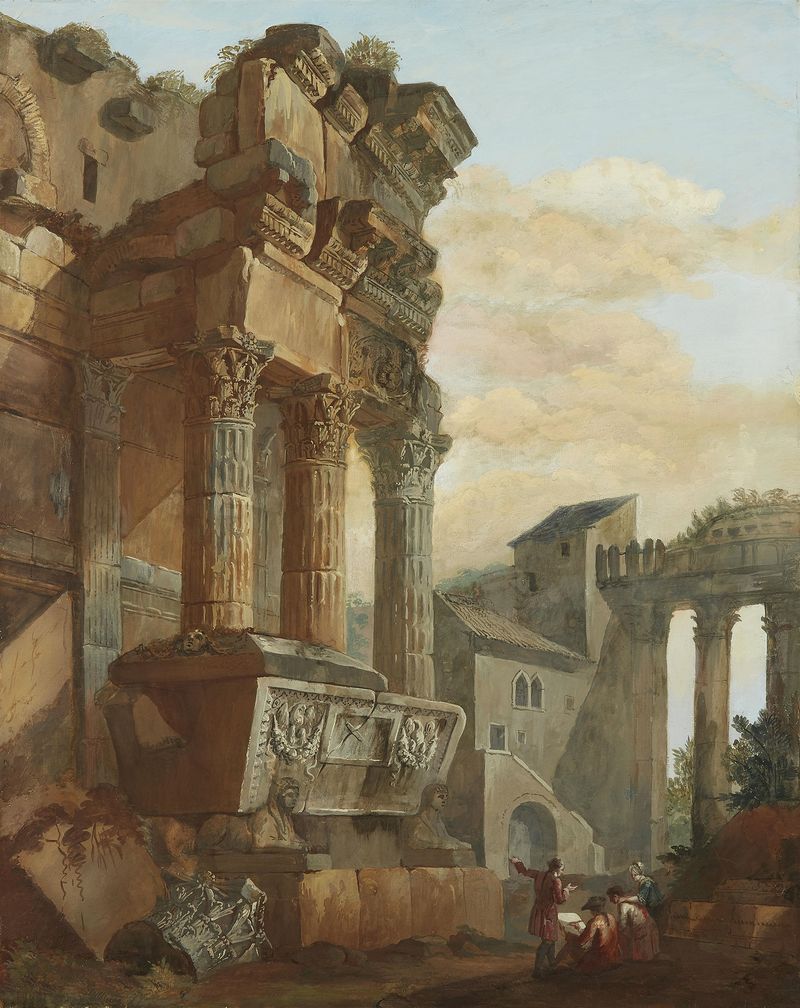 View from ancient Rome with figures, ink on paper by Charles Louis Clérisseau