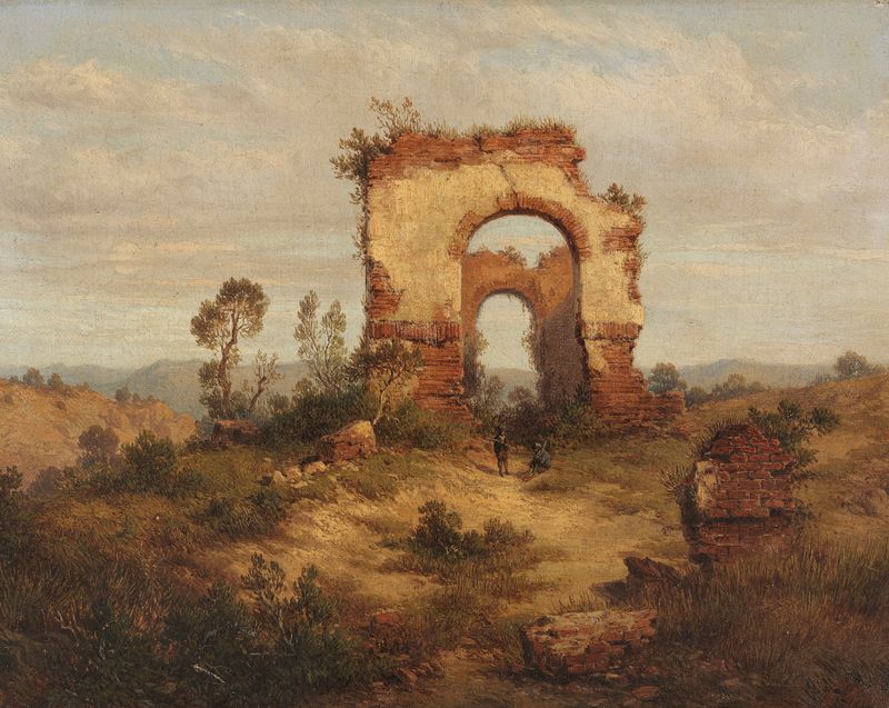 Rastende Jäger vor Ruinen de Albert Ludwig Trippel, pintura al óleo que muestra a cazadores descansando junto a ruinas ant...