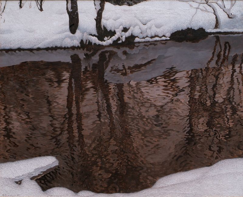 Running Water by Gustaf Fjæstad, oil painting depicting a serene landscape with cascading water.