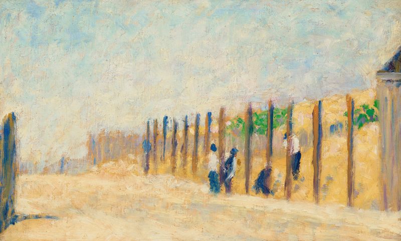 Ouvriers enfonçant des pieux de Georges Seurat, pintura a óleo, mostrando trabalhadores cravando postes na terra.