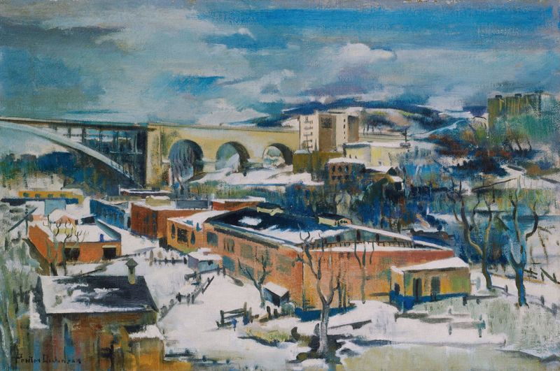 Winter, Harlem River by Preston Dickinson, oil on canvas depicting a snowy river scene