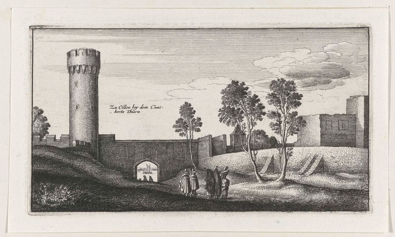 Landschap met gezicht op de stadsmuren bij Keulen, grabado de Wenceslaus Hollar que muestra colinas y paisaje urbano.