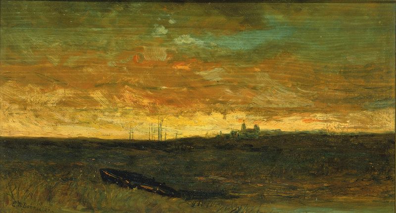 Sunset Scene de Edward Mitchell Bannister, pintura al óleo que representa un paisaje colorido al atardecer.