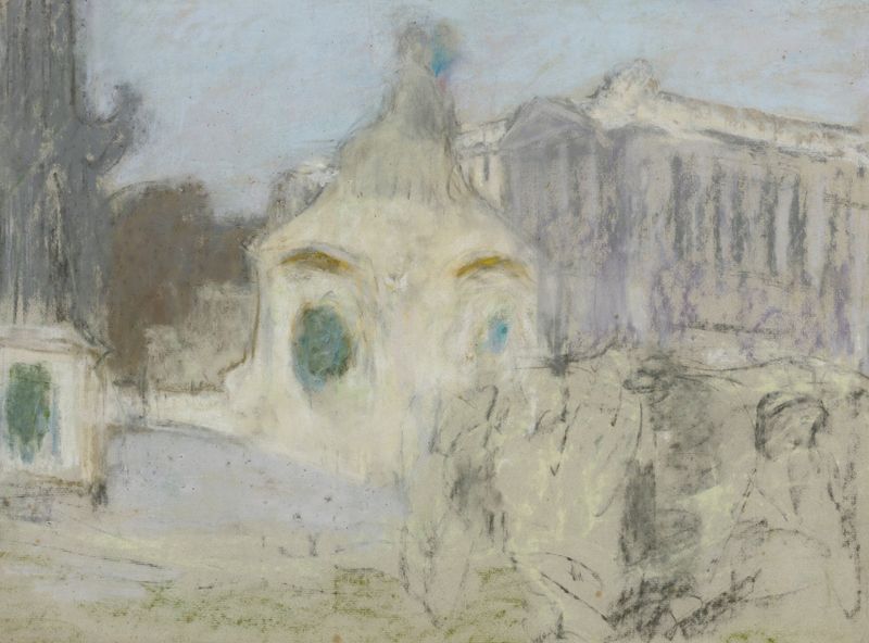 La Place De La Concorde de Édouard Vuillard, óleo sobre lienzo que representa una animada plaza parisina con figuras.