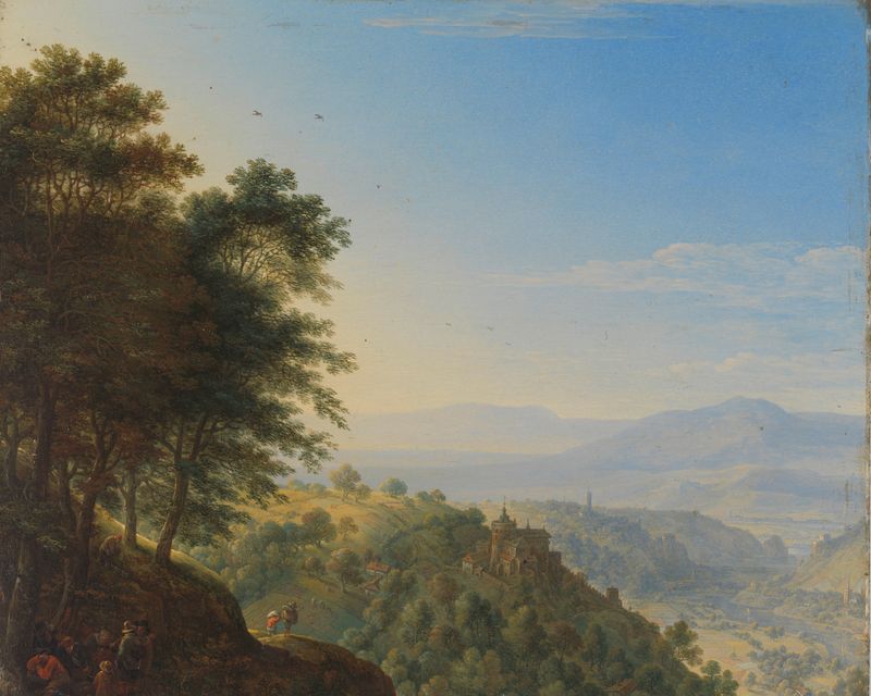 Landscape with hills and trees in vibrant greens and golds by Herman Saftleven, oil painting