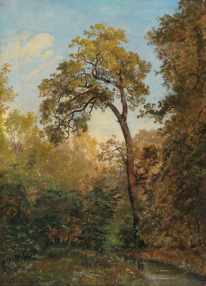 Woodland Interior by Josef Feid, oil on canvas, depicting a sunlit forest scene.